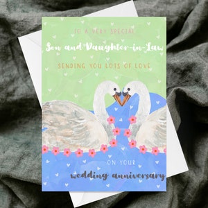 Sohn und Schwiegertochter auf Ihrer Hochzeitstag-Grußkarte - handgemachte strukturierte Grußkarte - Schrullig - Aquarell-Glückwunsch
