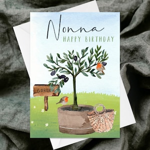 Nonna Happy Birthday-wenskaart - handgemaakte wenskaart met textuur - eigenzinnig - aquarel - olijfboomtuin - Robin - Italiaans Italië