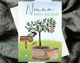 Tarjeta de felicitación de cumpleaños para abuela - Tarjeta de felicitación texturizada hecha a mano - Peculiar - Acuarela - Jardín de olivos - Petirrojo - Italia