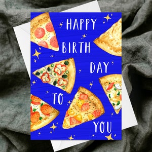 Feliz cumpleaños a usted tarjeta de felicitación temática de pizza - tarjeta de felicitación con textura hecha a mano - extravagante colorido único - Funky Fun - Humor