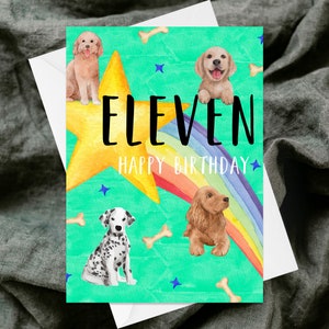 Tarjeta de saludos de feliz cumpleaños once - tarjeta de saludos texturizada hecha a mano - acuarela peculiar - niños niños niños 11th 11 - cachorros de perro