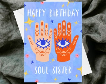 Handgemachte Grußkarte - Happy Birthday Soul Sister - Handgemachte Glückwunschkarte - Quirky - Aquarell - Bunt - Einzigartig - Spirituell Freunde