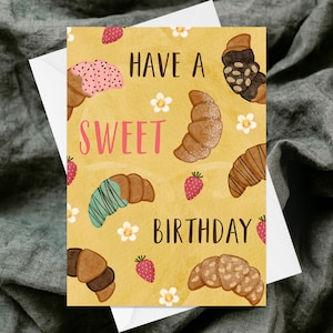 Avere un dolce biglietto d'auguri di compleanno - biglietto d'auguri strutturato fatto a mano - eccentrico - acquerello colorato - frutta unica - pasticcini croissant
