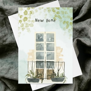 New Home Greetings Card - Handgemaakte getextureerde wenskaart - Eigenzinnig - Aquarel - Vensterdoos - Bloemen - Eigenzinnig - Gefeliciteerd - Verhuizen
