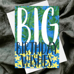 Tarjeta de felicitación de deseos de cumpleaños grande - Tarjeta de felicitación con textura hecha a mano - Extravagante - Acuarela - Colorido único - Hojas Estrellas - Individual
