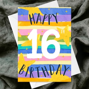 Feliz 16 cumpleaños tarjeta de saludos - tarjeta de saludos con textura hecha a mano - acuarela peculiar - niños niño niños 16 adolescente - decimosexto