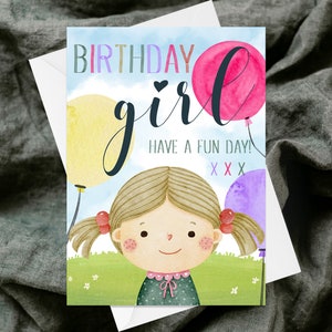 Birthday Girl Greetings Card - Handgemaakte getextureerde wenskaart - Eigenzinnig - Aquarel - Kinderkind Kinderen - 1e 2e 3e - Ballonnen