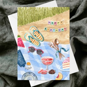Tarjeta de felicitación de picnic en la playa de feliz cumpleaños - Tarjeta de felicitación con textura hecha a mano - Extravagante - Acuarela - Diversión moderna única - Cumpleaños femenino