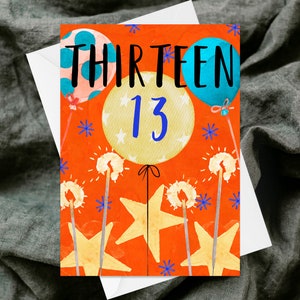 Treize joyeux anniversaire carte de voeux - carte de voeux texturée à la main - aquarelle originale - enfant enfant enfants 13e 13 adolescent