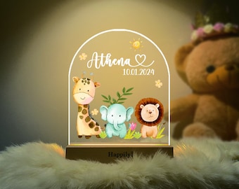 Custom Name Night Light Gift • 1st Birthday Gift • Personalised Baby Shower Gift • Nursery Gift for Newborn • Giraffe Elephant Lion Animal