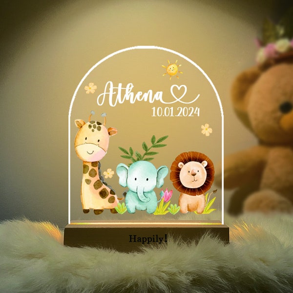 Prénom personnalisé Veilleuse • Cadeau 1er anniversaire • Cadeau personnalisé baby shower • Cadeau chambre d'enfant pour nouveau-né • Girafe éléphant lion