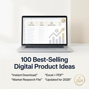 Puede incluir: Un portátil muestra una hoja de cálculo con datos financieros y un gráfico ascendente. El texto "100 Best-Selling Digital Product Ideas" está debajo. Se lee "Descarga instantánea", "Excel + PDF" y "Archivo de investigación de mercado".
