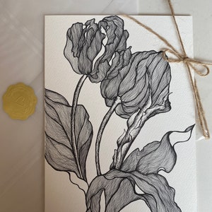 Tarjetas de felicitación de cumpleaños, tarjetas en blanco dibujadas a mano, para alguien especial, felicitaciones, tarjeta pensativa, solo para ti, fineliner, tulipanes