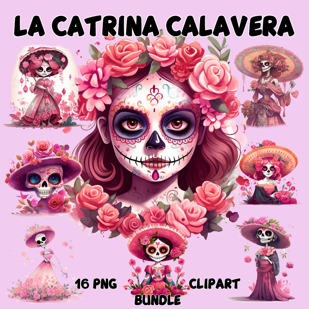 La Calavera Catrina Cute Pink Floral Clip Art Digital Bundle PNG - Etsy