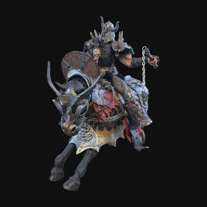 May include: A detailed figurine of a warrior riding a horned horse. The warrior is clad in dark armor with skull accents, holding a chain weapon and a shield. The horse is armored in silver and gold, with red and black accents on its saddle.