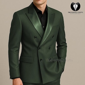 Men’s Green Double Breasted Satin Lapel 2 Piece Suit – Formal Wedding Suit, Slim Fit Groom Suit, Prom Dinner Suit,  Custom Tailored Suit.
