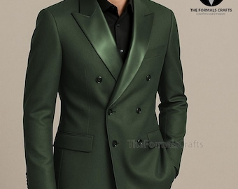 メンズ ボトルグリーン ダブルブレストスーツ：サテンラペル、スリム