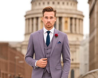 Lavender Men's Three-Piece Suit – Slim-Fit Formal Wedding Suit.