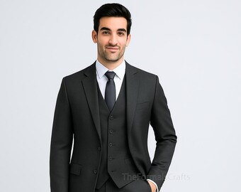 Charcoal Grey Slim-Fit Men’s Three-Piece Suit – Modern Formal Wear
