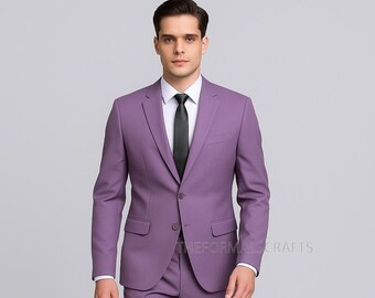 スタイリッシュなパープルのダブルブレストスーツ：スリムフィットの