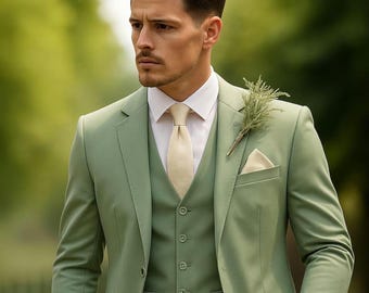 Op de afbeelding: Een drieledig saliegroen pak, bestaande uit een jasje, vest en broek, gecombineerd met een wit overhemd en een lichtbeige stropdas. Een takje groen en een pochet zijn zichtbaar.