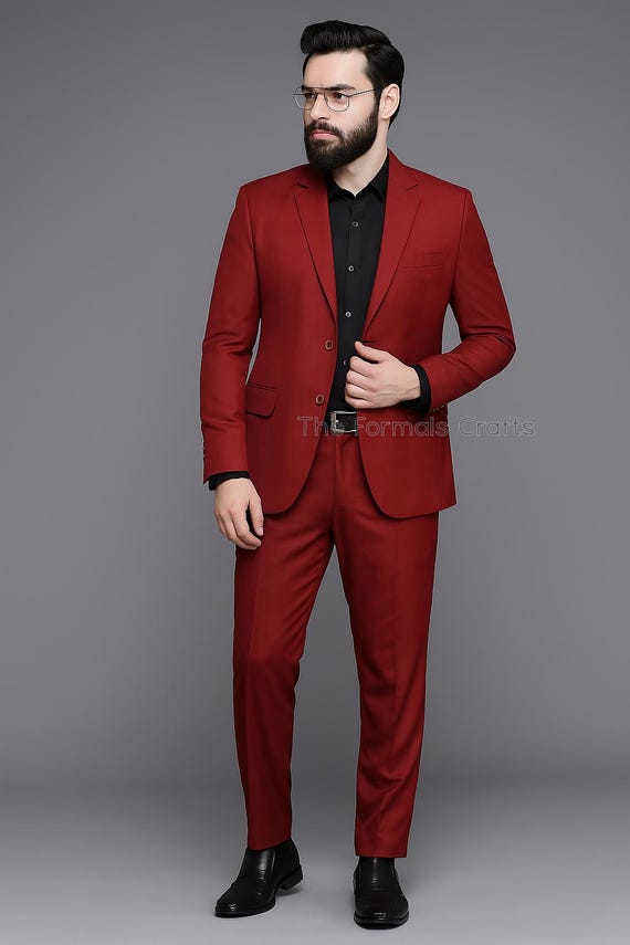 Red Two-piece Suit for Men, Slim Fit Blazer Pants Wedding Suit