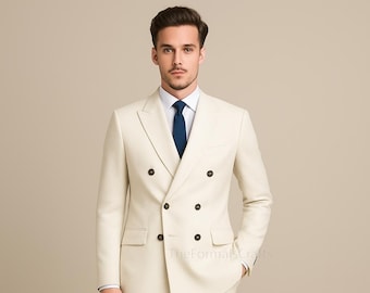 Ivory Slim-Fit Double-Breasted Men's Suit – Formal Two-Piece Set.