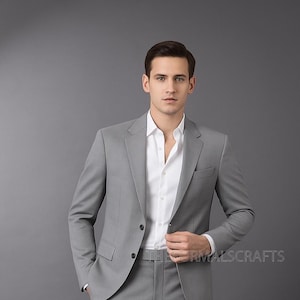 Elegant Light Grey Two Piece Suit for Men, Slim Fit Suit | Wedding Suit | Prom Suit | Formal Dress Suit for Men, Office Suit, Business Suit.