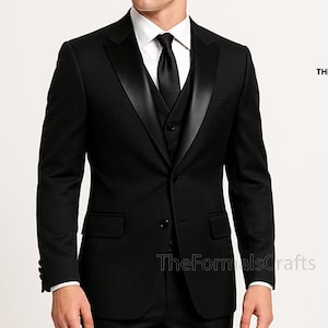 Man Black Satin Lapel Suit Three Piece Suit, Man Slim Fit Suit, Office Suit, Prom Suit, Men Business Suit, Formal Suit, Custom Wedding Suit.
