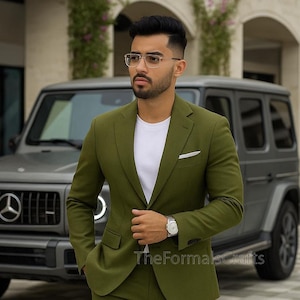 Mens Olive Green Two Piece Suit for Men, Slim Fit Suit | Wedding And Prom Suit | Formal Dress Suit, Office Suit, Classic Business Attire.