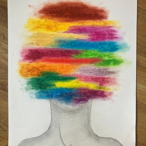 Original Abstract Oil Pastel Portrait Drawing