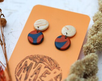 Geometric Blue & Orange Drop Stud Earrings, Handmade Gift, Polymer Clay Earrings, Gift for her