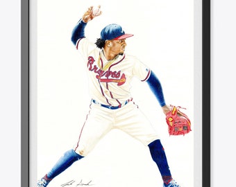 May include: A color pencil drawing of a baseball player wearing a white and red baseball uniform with the word "Braves" on the front. The player is throwing a baseball with his right hand and wearing a red and yellow baseball glove.