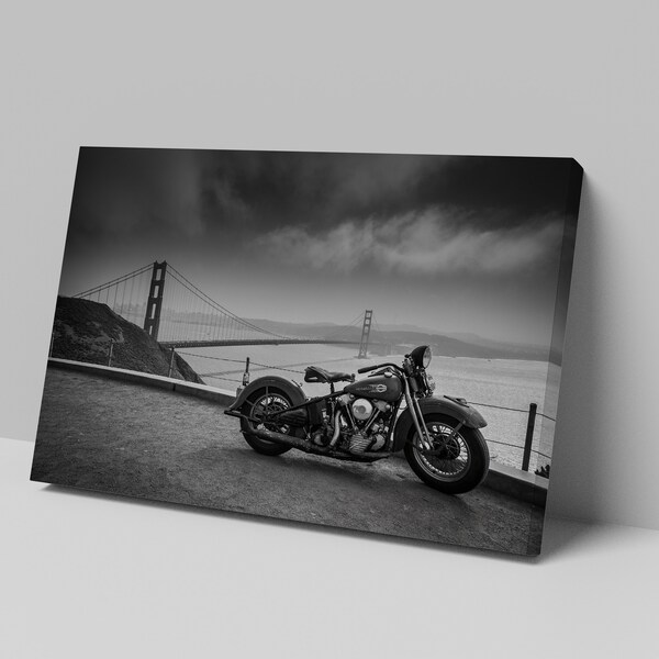 Motorcycle Art, Canvas Print, Bridge Decor, Golden Gate Bridge, Cityscape Print, Bridge Wall Decor, Black White Wall Art, Urban Prints