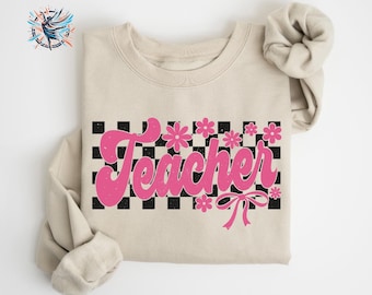Teacher Checkered Bow Sweatshirt, Coquette Style