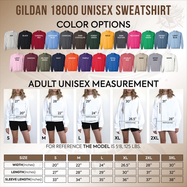 The image is a collage of various unisex sweatshirt designs, each with different color options and measurements. The image includes a color options section and an adult unisex measurement section, providing size information for each design.