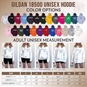 The image is a collage of various colored unisex hoodies, along with size and color options, and adult unisex measurement charts.