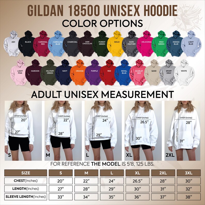 The image is a collage of various colored unisex hoodies, along with size and color options, and adult unisex measurement charts.
