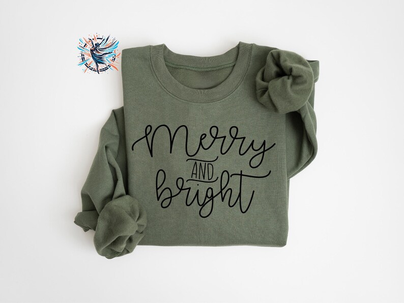 Merry and Bright Christmas Sweatshirt: Unisex Holiday Sweater Military Green