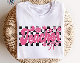 Checkered Teacher Shirt: Coquette Bow, Floral Design