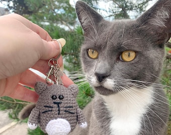 May include: A gray crocheted cat keychain with black embroidered details and a white belly is held in front of a gray cat with yellow eyes. The keychain is attached to a silver keyring.