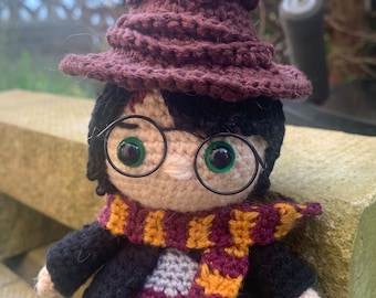 Hand crocheted Wizard Boy with Sorting Hat