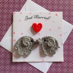 Biglietto d'auguri "Appena sposato" con elefante fatto all'uncinetto ***PERSONALIZZABILE***