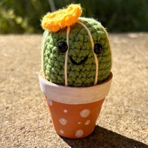 May include: A small, round, green crocheted cactus with a smiling face, black bead eyes, and white yarn vertical stripes. A bright orange crocheted flower sits on top. The cactus is planted in a terracotta pot painted with white polka dots.