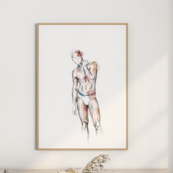 Figure study print | gay art drawing | Original artwork | male nude wall art prints | gay art | gay gift | queer watercolour sketch