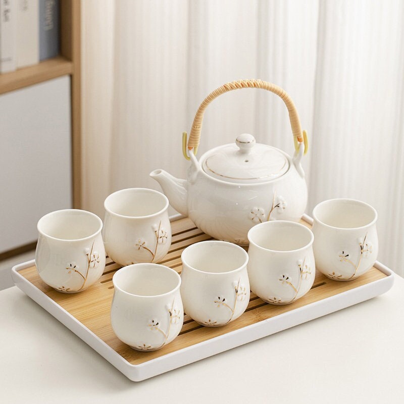 Handmade Pinching Flower Kung Fu Tea Set Household Light Luxury Small Teapot  Japanese Simple Rose Pot Ceramic Tea Cup