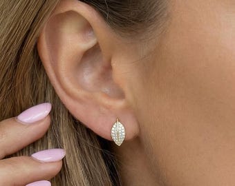 Gold Leaf Stud Earrings with Crystals, Dainty Elegant Jewelry for Women, Perfect Everyday Earrings, Gift for Her, E128