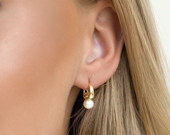 Pendientes colgantes de perlas barrocas / Pendientes de aro estilo vintage / Joyería de plata de oro 925 / Regalo para ella / E38