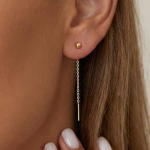 Pendientes colgantes delicados, pendientes de hilo fino en oro, regalo de joyería minimalista para ella, E172