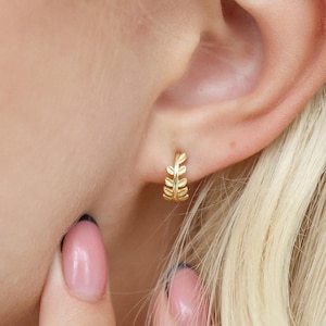 Leaves Hoop Earrings, Tiny Hoops Huggies In Gold, Sterling Silver, Minimalist Earrings For Women, Perfect Gift For Her, E116